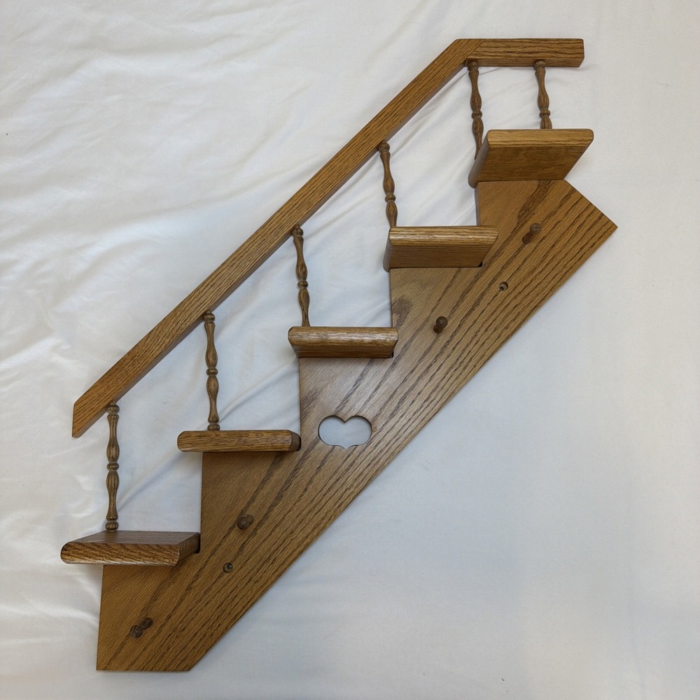 Vintage Wooden Stair Step Shelf Left Incline Solid Oak Trinket Heart 33"